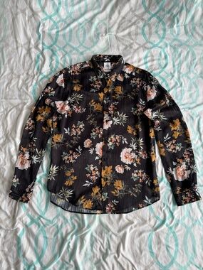 Zara Black Floral Button-Up Shirt with Mustard & White Accents